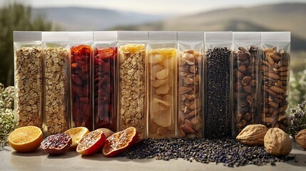 Corporate wellness gift featuring fiber rich dry fruits energy bars and herbal tea sachets promoting healthy habits with sleek minimal packaging