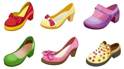 Cartoon shoes illustration showing colorful shoe designs over white background