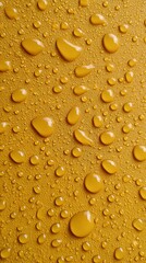 Macro wet surface of water droplets on yellow background texture minimal design fresh moisture backdrop