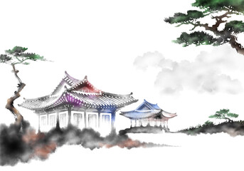 한국의 전통 가옥인 한옥을 주제로 한 다양환 풍경을 수묵화 기법으로 그린 손그림 일러스트.