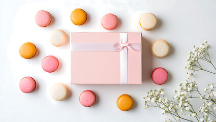 Pastel Macarons, Pink Gift Box, White Flowers: Elegant Flatlay, Sweet Treats, Festive Mood