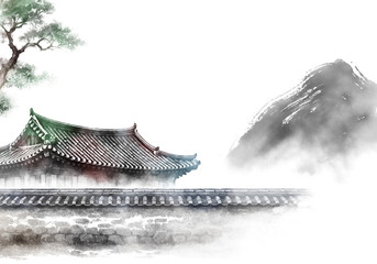 한국의 전통 가옥인 한옥을 주제로 한 다양환 풍경을 수묵화 기법으로 그린 손그림 일러스트.