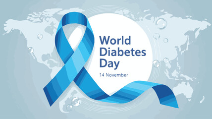 Global awareness for World Diabetes Day with blue ribbon on world map background