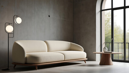 Modern Minimalist Cream Sofa in Serene Loft Apartment with Arch Window and Floor Lamp