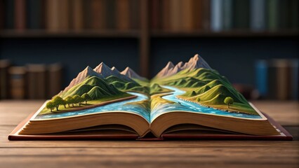National Book Lovers Day A pop-up book depicting mountains and a river on a wooden table.