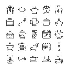 Collection of kitchen utensils and cooking appliance line icons. Modern kitchenware, cookware, and culinary tool illustrations.