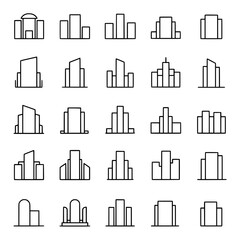 Obraz premium Collection of building outline icons. Various city skyscrapers, offices, and architecture symbols. Urban landscape design.