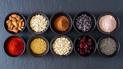 Healthy food ingredients: almonds, oats, cocoa, chocolate chips, pink Himalayan salt, paprika, mustard seeds, dried cranberries, chia seeds in black bowls.