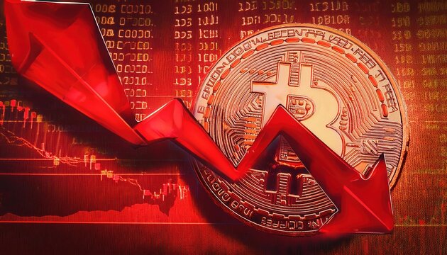Bitcoin trading chart shows significant decline with red indicators and downward arrow signaling market drop