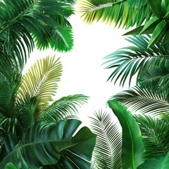 Fototapeta premium Lush Tropical Leaves Frame Black Background Exotic Foliage Greenery Nature Paradise isolated on a transparent background