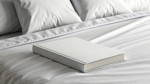 National Book Lovers Day A white book rests on a neatly made bed with soft, light-colored bedding.
