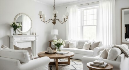 Elegant Serene White Living Room with Cozy Seating and Natural Light