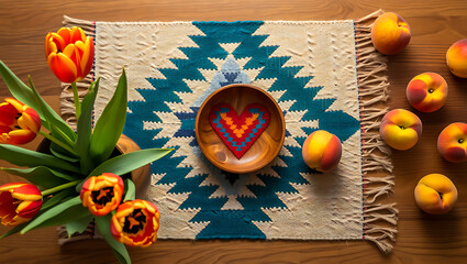 Vibrant tulips, peaches, and a heart-shaped textile on a teal and beige rug.