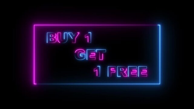 glowing buy 1 get 1 free  icon online and outlet text animation on black background .super sale editable text style effect illustrator. The best stock neon flickering, flash black background.