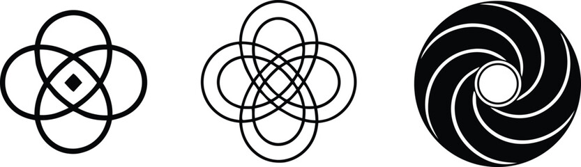 Vector art of three abstract geometric shapes and patterns on a white background.