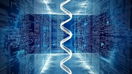 Data Stream with Molecular Structure Inside Futuristic Server Room Visualization - Powered by Adobe