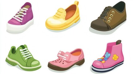 Cartoon shoes illustration showing colorful shoe designs over white background