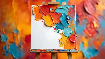 Vibrant Impasto Oil Painting on Easel;  Warm Hues, Abstract Style, Creative Mood.