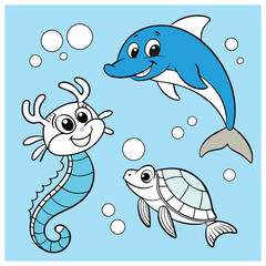 Cute animal sea set cartoon vector icon illustration animal nature icon isolated flat vector