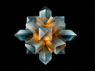  symmetrical, futuristic geometric crystal structure with glowing golden light accents against a black background.