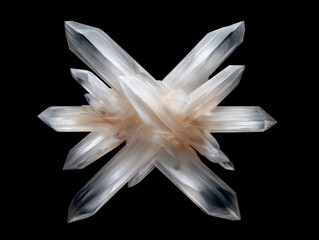 striking cluster of elongated, transparent crystals with a slightly milky tint, radiating symmetrically against a black background.