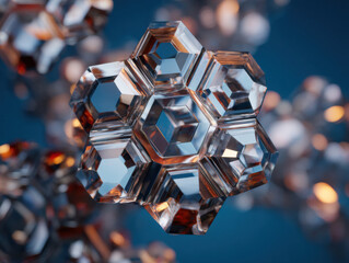  close-up of a translucent, geometric snowflake crystal with intricate hexagonal patterns reflecting light against a blurred blue background.