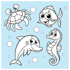 Fototapeta premium Cute animal sea set cartoon vector icon illustration animal nature icon isolated flat vector