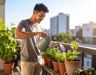 Man tending to his vibrant balcony garden a relaxing urban gardening experience