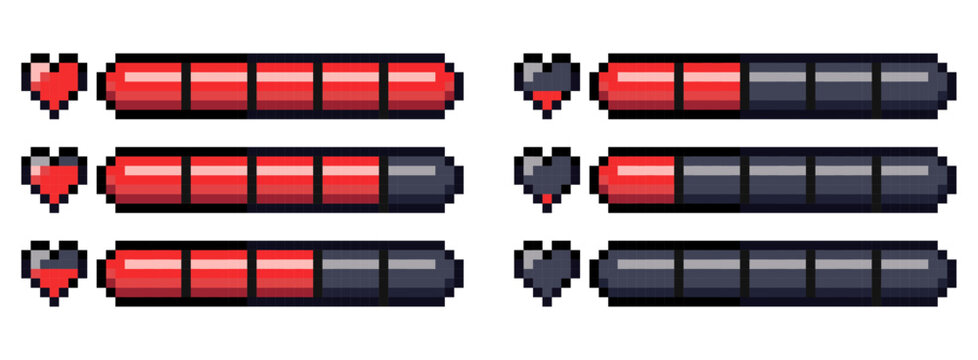 Pixel art style retro game life bar with heart isolated on transparent background. Collection of 8-bit progress bar for video game assets. Vector illustration.