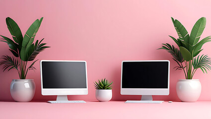 Minimalist Pink Workspace: Two Modern Computers, Tropical Plants, and White Accents.