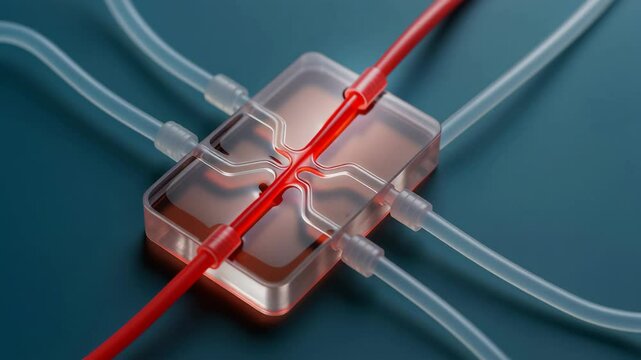 Microfluidic device with red fluid flowing through transparent tubes and channels demonstrating bioengineering innovation medical technology
