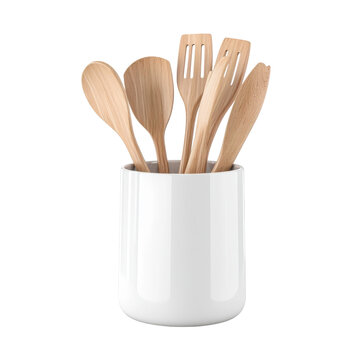 Wooden cooking utensils in white ceramic holder kitchen tools cooking accessories isolated on a transparent background