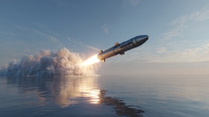 3D illustration of cruise missile emerging from water in launch sequence. 