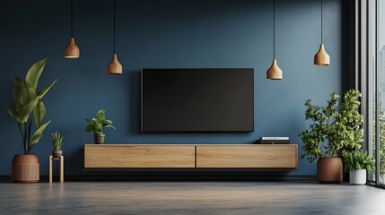 Modern living room interior design with tv plants and wooden furniture for home decor inspiration