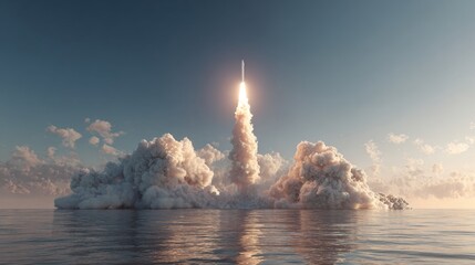 3D illustration of cruise missile emerging from water in launch sequence. 