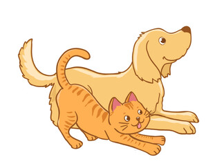 Cartoon illustration of a light brown dog and an orange tabby cat, friendly expressions with bright eyes, floppy ears and a wagging tail, and the cat with curled tail.