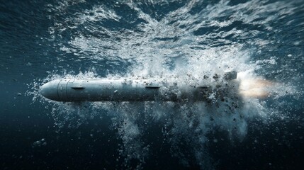 3D illustration of cruise missile emerging from water in launch sequence. 
