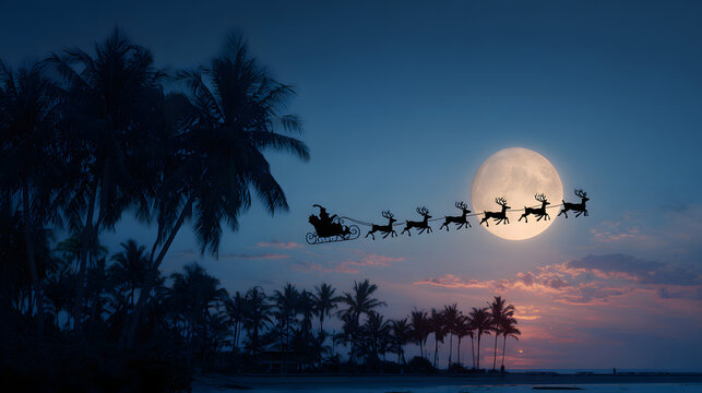 Santa's ride. Santa Claus rides past the full moon over a the tropics to deliver Christmas gifts. - Powered by Adobe