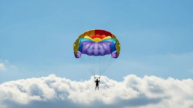 Colorful parasail in a clear blue sky with puffy white clouds