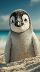 Cute penguin chick standing on sandy beach under a clear sky near the ocean in bright sunlight