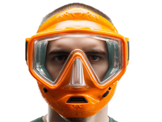  Person wearing orange scuba diving mask front view white background