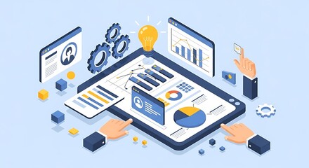 Business analytics and strategy concept with charts graphs and gears