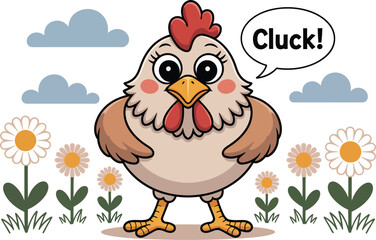 Fototapeta premium Cartoon chicken standing in a field of daisies with blue clouds and a speech bubble saying cluck