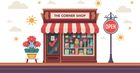 Illustrated corner shop with open sign, flowers, and striped awning against a blue sky background