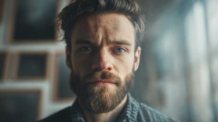 Man with a beard and intense expression indoors