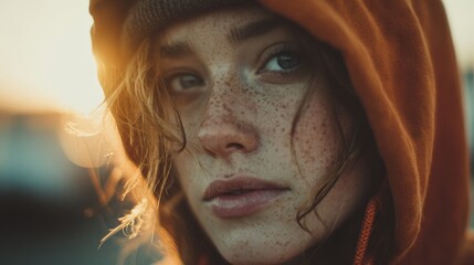 Freckles and sunset glow on a young woman's face