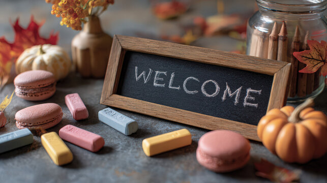 A charming welcome back to school scene featuring a chalkboard and autumn accents.