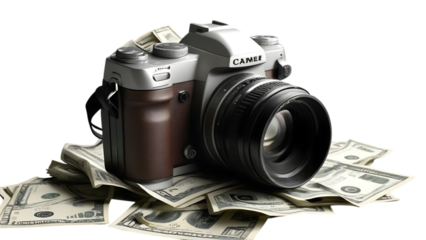 Vintage camera resting on a pile of us dollar bills