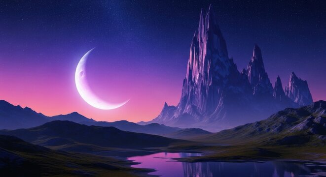Enchanting mystical landscape with crescent moon and crystal mountains under a starry night sky