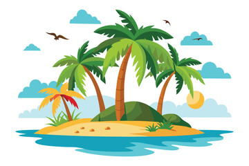 Tropical island with palm and birds